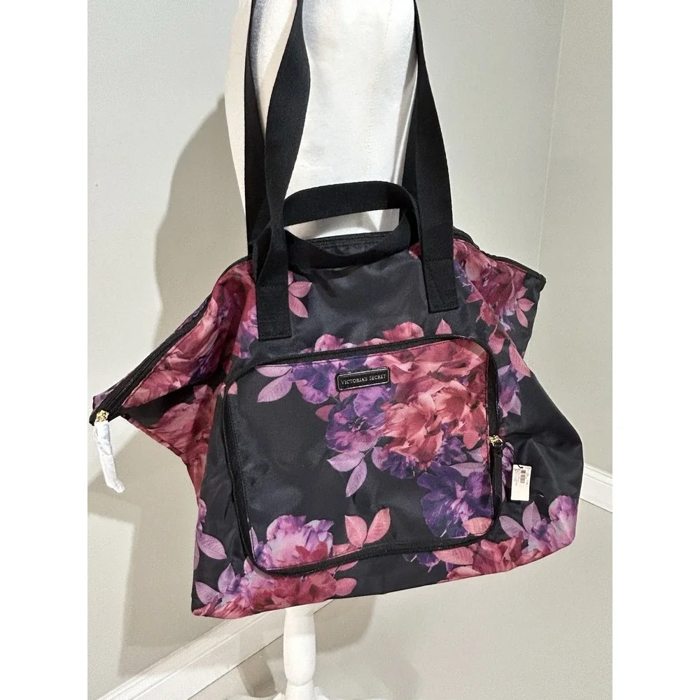 Victoria's Secret Floral Weekender Travel Bag 4 Pc Cosmetic Set NWT Pink Purple